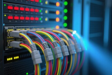 Colorful network cables connected to server rack with illuminated indicators