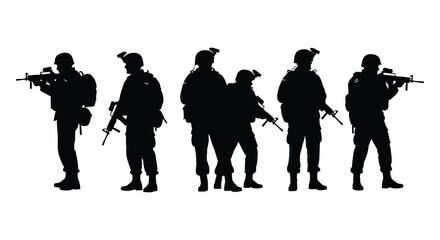 A row of armed soldiers stands at attention their forms depicted as a striking silhouette © AL-AMIN
