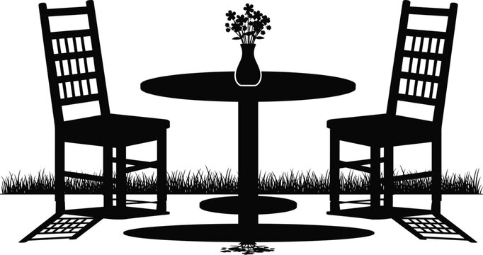 Outdoor cafe table with two chairs and flower vase silhouette, garden patio furniture romantic dining scene vector illustration design
