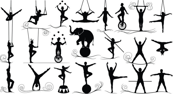 Circus performer silhouettes set, acrobat juggler aerial gymnast elephant balancing unicycle trapeze artists vintage circus entertainment vector illustration collection