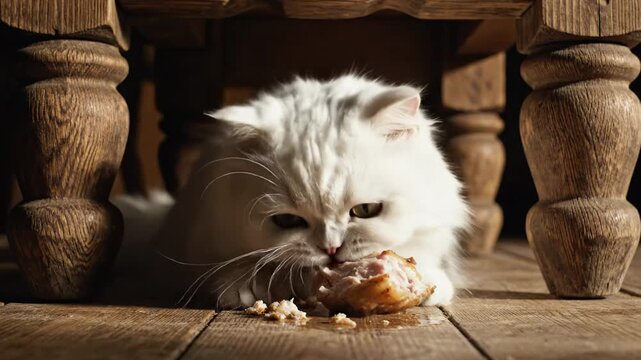 Fluffy white cat crouches under rustic wooden furniture beside a pastry, warm indoor light and cozy shadows suggest curiosity and comfort