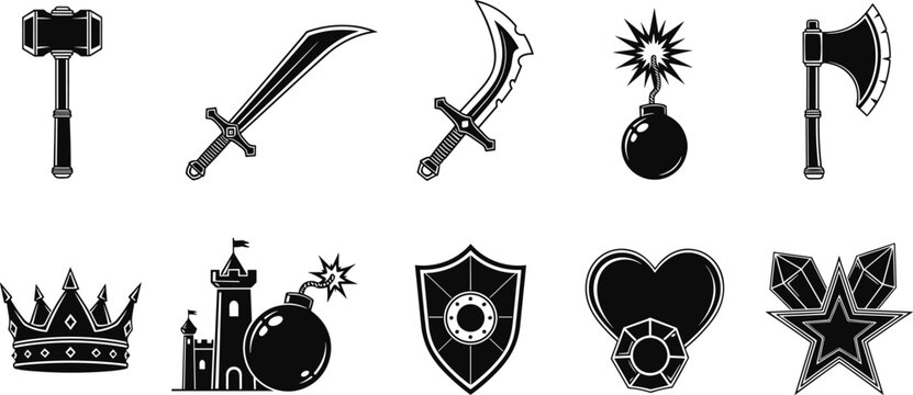 Fantasy game weapon icons set, sword axe hammer bomb crown shield heart star castle symbols, medieval RPG equipment vector collection