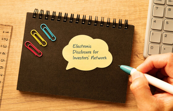 Professional visualization of Electronic Disclosure for Investors' Network on speech bubble with pen, clips, calculator. Financial and economic strategic background.