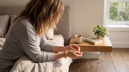A quiet and reflective moment for a woman in bed during the morning, bathed in soft, natural window light.