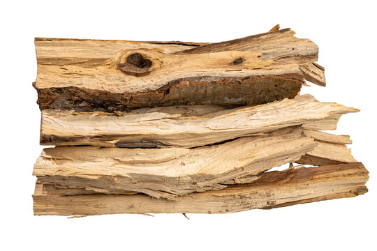 Stacked split firewood logs with bark and knotty grain, isolated on Transparent background, rustic texture for heating, camping, fireplace, winter fuel concept