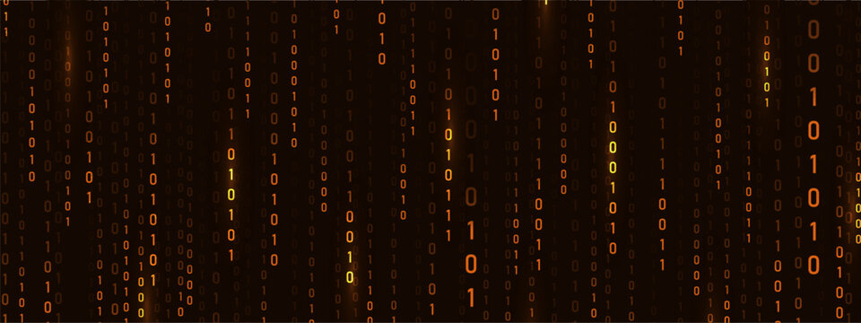 Programming symbols on futuristic backdrop. Cyber technology and abstract art. Golden binary Rain matrix and security theme for innovation. Vector illustration.