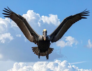 Obraz premium A large black bird flies towards the camera with outstretched wings