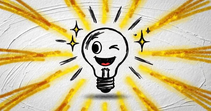 Cheerful cartoon light bulb character radiating energy with vibrant yellow rays on textured background