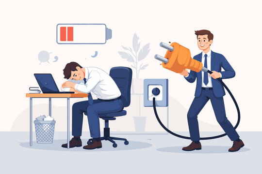 Vector illustration of an exhausted office employee with low battery icon being recharged by a colleague with a giant plug. Concept of burnout, fatigue, overwork, and workplace motivation.