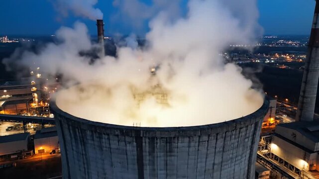 Industrial cooling tower emitting steam at night with nearby factory structures and smoky horizon
