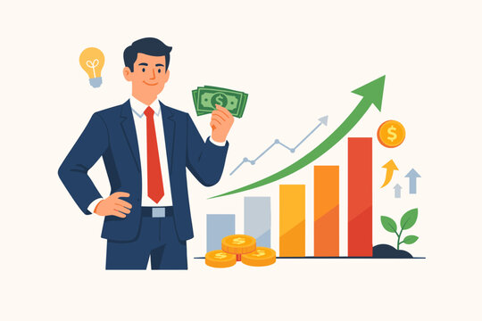 Successful Businessman Holding Cash with Rising Financial Growth Chart and Green Arrow. Professional Investor Earning Profit, Sales Commission, and Wealth through Strategic Marketing and Ideas.