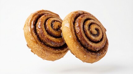 Fototapeta premium Two freshly baked cinnamon rolls with a sweet glaze, floating against a clean white background, showcasing their delicious spiral design.