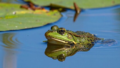 Obraz premium A green frog sitting on water with lily pads (1)