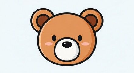 Fototapeta premium Cute cartoon brown bear face with white muzzle and rosy cheeks on light blue background