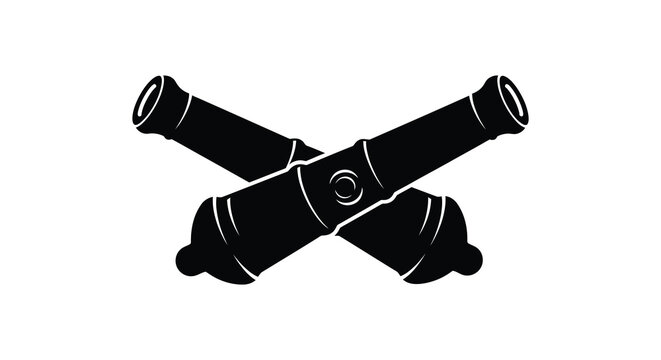 Two antique cannons are crossed in a stark dramatic black silhouette high quality professional detailed modern
