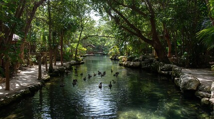 Fototapeta premium A beautiful garden features a serene pond reflecting summer trees and a wooden bridge nestled within a lush nature park landscape