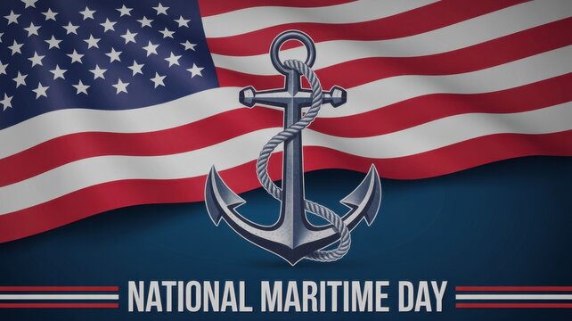National Maritime Day holiday with US flag, anchor, and text on a gradient blue background