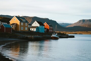 Obraz premium Colorful houses along a calm waterfront with mountains in the background