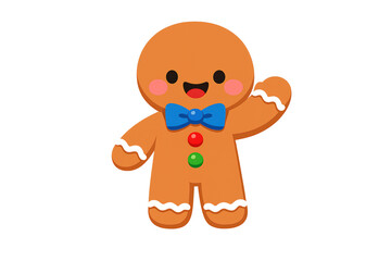 Obraz premium Gingerbread man character with a blue bow tie and colorful buttons, waving a friendly hello. Transparent background