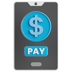 Obraz premium 3D illustration or icon of mobile payment. Smartphone with a dollar coin and a blue PAY button. Suitable for fintech applications, e-commerce platforms, and mobile banking.