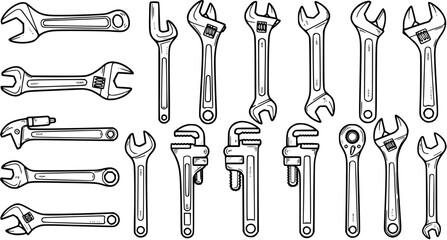 Hand-Drawn Black and White Line Art Set of Wrenches and Spanners, Essential Hand Tools for Construction, Automotive, Industrial, and DIY Repair. © pixsource