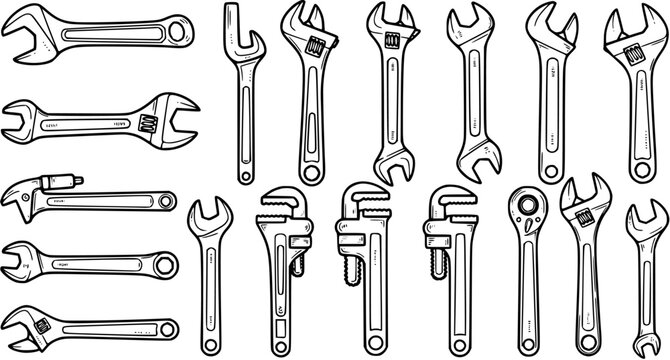 Hand-Drawn Black and White Line Art Set of Wrenches and Spanners, Essential Hand Tools for Construction, Automotive, Industrial, and DIY Repair.