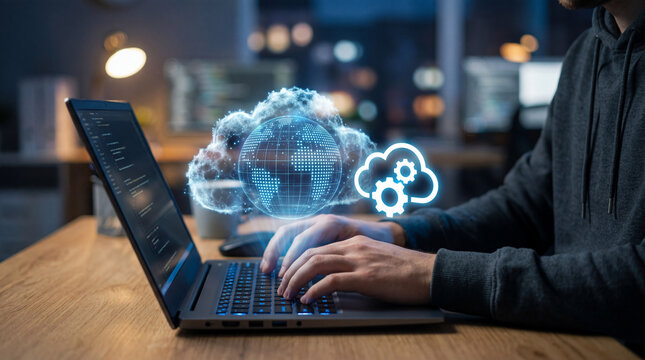 Cloud native development. Programmer developing applications for cloud computing. Cloud icon and source code illustrations.