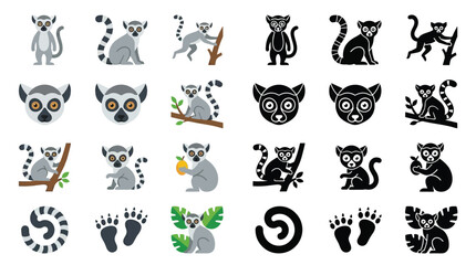 Collection of Lemur Icons and Illustrations in Various Poses and Styles. © Airwj