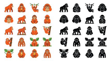 Collection of colorful and silhouette illustrations of orangutans and gorillas in various poses and activities, including climbing, sitting, and interacting with their environment. © Airwj