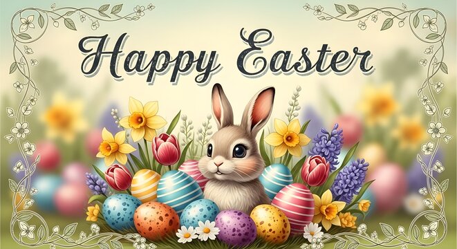 Happy Easter banner. Trendy Easter design with typography, hand painted strokes and dots, eggs and bunny in pastel colors. Modern minimal style. Horizontal poster, greeting card, header for website