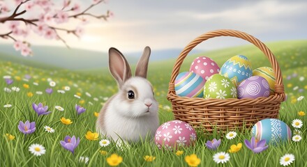 Cute Easter Bunny Beside Wicker Basket Full of Colorful Decorated Eggs in Spring Meadow