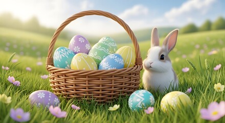 Adorable Easter Bunny with Colorful Decorated Eggs in a Sunny Spring Meadow Basket