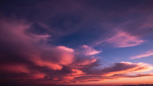 Beautiful vibrant sunset sky with dramatic clouds painted in purple and pink