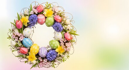 Beautiful Easter Wreath with Colorful Eggs and Spring Flowers on Soft Pastel Background