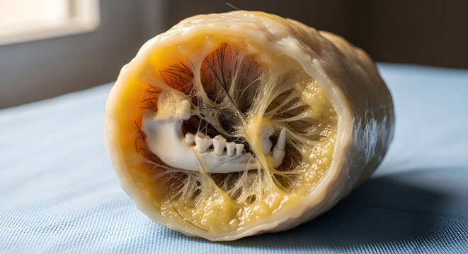 Medical Specimen of a Teratoma Tumor Showing Teeth and Hair Tissue
