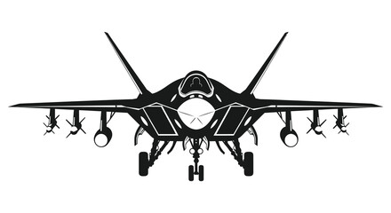 A striking frontal view of a modern fighter jet showcasing its powerful design silhouette high quality © MIRAJ02