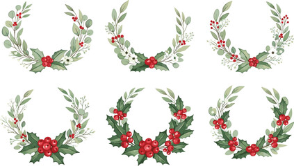 Set of Hand Drawn Christmas Floral Wreaths with Holly Berries and Green Leaves for Elegant Holiday Wedding Invitations, Greeting Cards, and Festive Branding