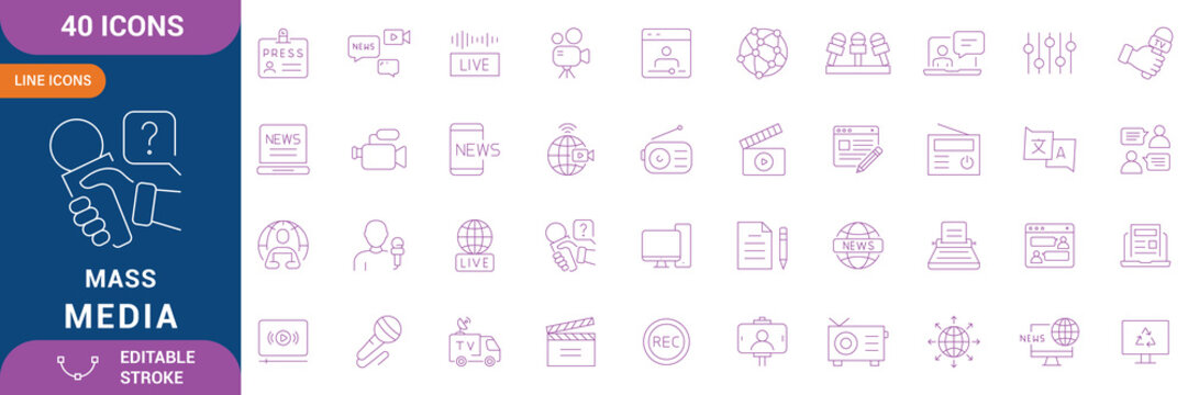 Mass Media Icon Set. Containing Mass media, journalism, news, TV show, program, report, video, interview, newspaper, headline, press, camera, microphone, live stream, studio and etc. Editable stroke.