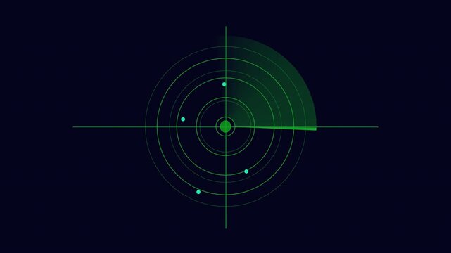 Green radar screen with spinning sweep against a dark digital circuit board and movement target point on alpha channel, tracking system concept. 4K Video