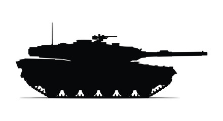 A stark black silhouette of a modern main battle tank displaying powerful military hardware silhouette © MIRAJ02