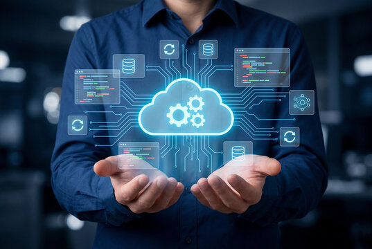 Cloud native development. Programmer developing applications for cloud computing. Cloud icon and source code illustrations.