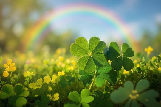 Macro four-leaf clovers with rainbow bokeh