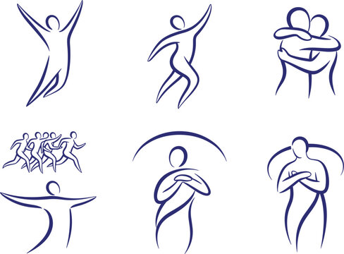 Abstract human figures expressing unity, happiness, teamwork, hug and celebration concept with minimal line people icons collection - flat vector illustration