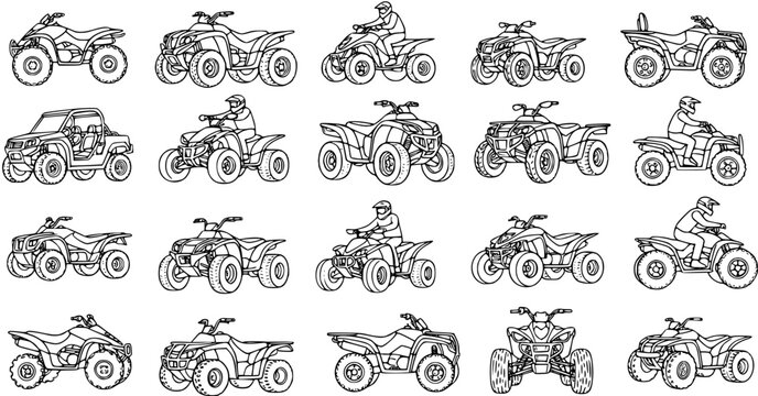 Automotive Off-Road Recreation: Black and White Line Art Collection of All-Terrain Vehicle (ATV) and Quad Bike Icons, some with Riders