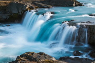 Obraz premium A serene waterfall cascades over rocky terrain with turquoise water flowing smoothly in a natural river setting.