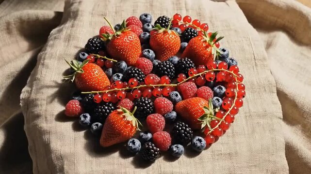 Fresh Berry Medley Flat Lay Top View Rotating on Natural Linen Fabric Textile Surface