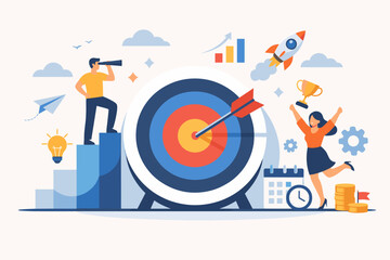 Fototapeta premium Business Success and Strategic Planning Concept with People Aiming for Targets, Rocket Launching for Startup Growth, Achievement Trophy, Visionary Leadership, and Financial Goal Accomplishment.