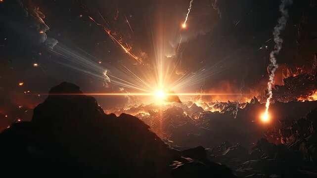 Fiery celestial event with falling debris over a desolate landscape