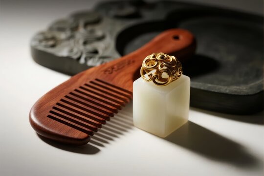 A wooden comb, a carved stone seal with a golden top, and a dark stone inkstone arranged on a neutral surface.
