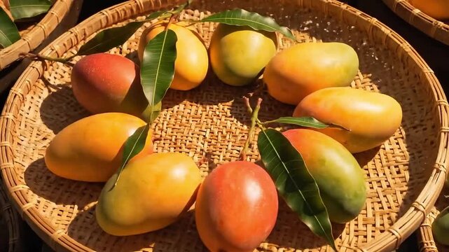 Whole Tropical Mango Flat Lay Rotating Top View on Woven Rattan Tray Natural Background